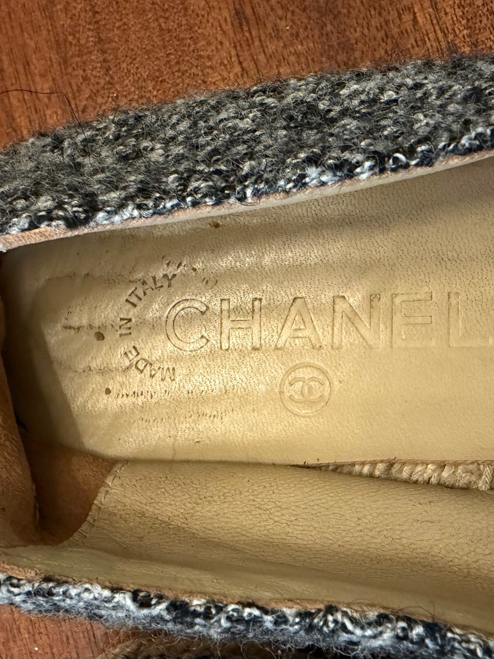 CHANEL Gray Bouclé Espadrilles with Black CC Trim - Picture 3 of 11